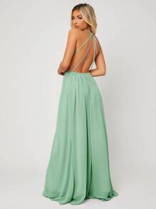 SHEIN Belle Backless Halter Neck Slit Thigh Prom Dress Elegant Bridesmaid Dress - Mint Green - View 2