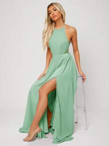 SHEIN Belle Backless Halter Neck Slit Thigh Prom Dress Elegant Bridesmaid Dress - Mint Green - View 5