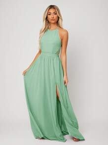 SHEIN Belle Backless Halter Neck Slit Thigh Prom Dress Elegant Bridesmaid Dress - Mint Green - View 6
