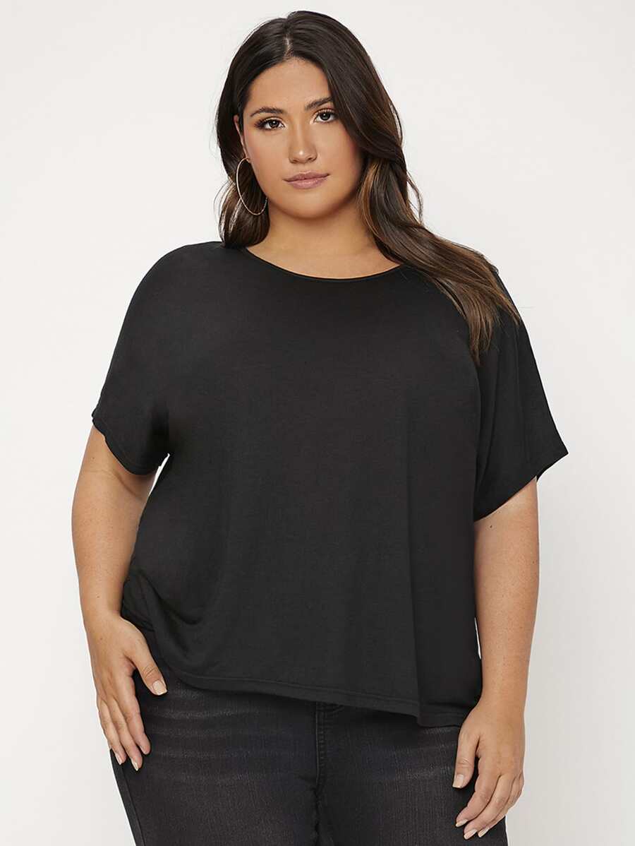 SHEIN BASICS Áo thun Plus size màu trơn Giải trí - màu đen - Xem 1