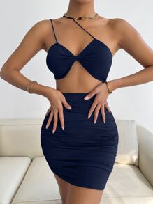 SHEIN Essnce 前扭結褶邊緊身連衣裙 - 藏蓝色 - 查看 4