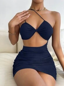 SHEIN Essnce 前扭結褶邊緊身連衣裙 - 藏蓝色 - 查看 8