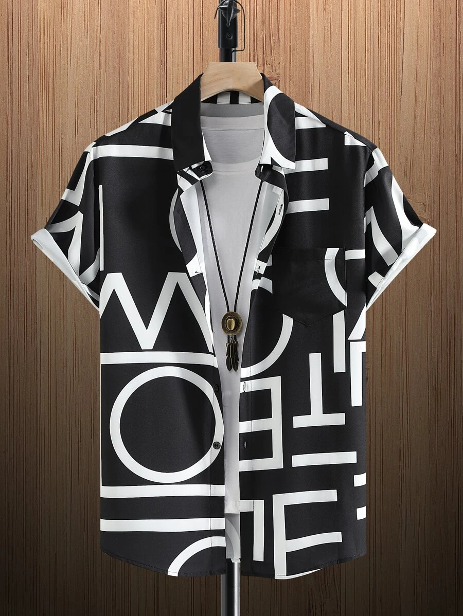 Manfinity EZcore Men Letter Graphic Patched Pocket Shirt Without Tee - Black - View 1