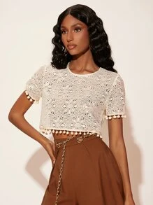 SHEIN Frenchy 球球邊鏤空短款上衣 - 米色 - 查看 4