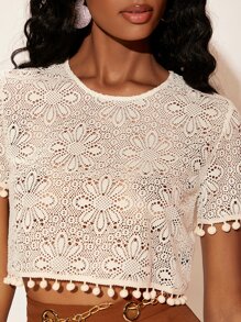 SHEIN Frenchy 球球邊鏤空短款上衣 - 米色 - 查看 5