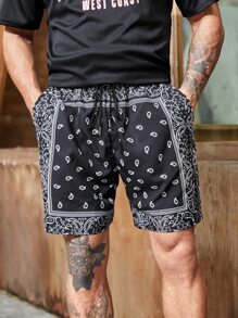 Manfinity RSRT Men Plus Loose Fit Paisley Print Slant Pocket Shorts - Black and White - View 1