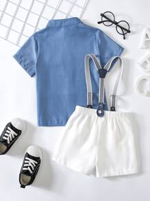 SHEIN Young Boy Button Front Shirt & Pinafore Shorts - Blue and White - View 2