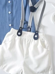 SHEIN Young Boy Button Front Shirt & Pinafore Shorts - Blue and White - View 3