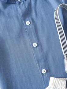SHEIN Young Boy Button Front Shirt & Pinafore Shorts - Blue and White - View 4