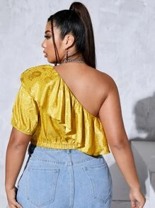 Camisa corta floral con con estampado de lunares de un hombro con diseño fruncido - Amarillo - Ver 2