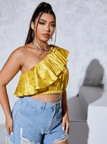 Camisa corta floral con con estampado de lunares de un hombro con diseño fruncido - Amarillo - Ver 3