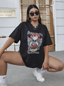 SHEIN Unity Plus Size Skull & Letter Graphic Drop Shoulder Tee - Black - View 1