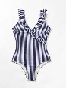 SHEIN Swim Bañador una pieza de rayas ribete fruncido - Azul y blanco - Ver 3