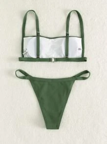 Plain Thong Bikini For Summer Beach - Army Green - View 2