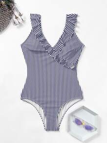 SHEIN Swim Bañador una pieza de rayas ribete fruncido - Azul y blanco - Ver 6