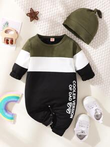 Bebé Jumpsuit de color combinado con estampado de slogan con sombrero - Multicolor - Ver 1
