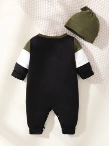 Bebé Jumpsuit de color combinado con estampado de slogan con sombrero - Multicolor - Ver 2