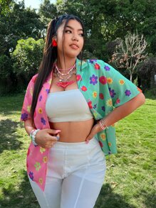 SHEIN Áo sơ mi Plus Size Nút phía trước Khối Màu Hoa Giải trí - Nhiều màu - Xem 3