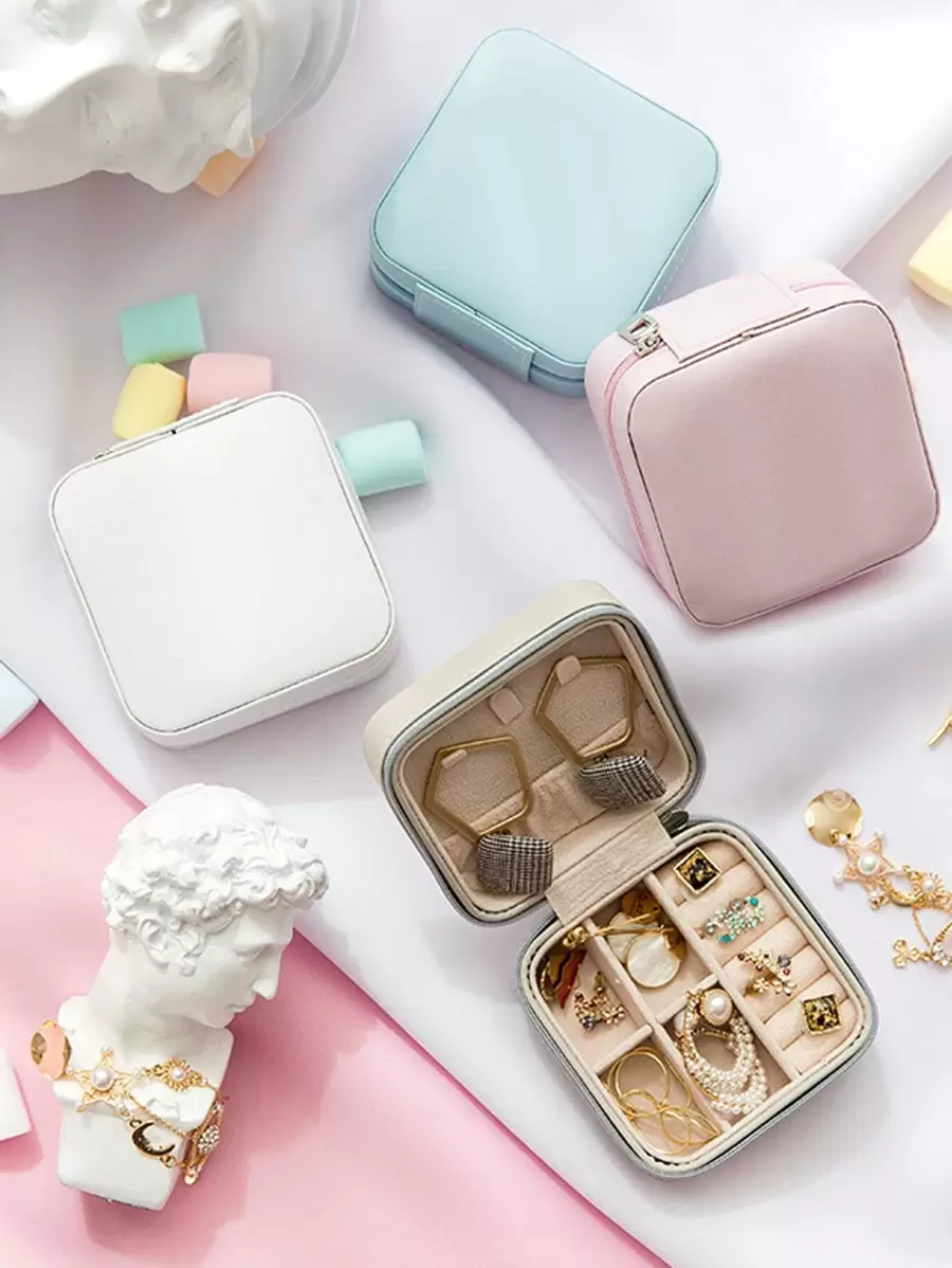 1pc Portable Jewelry Storage Box, Exquisite Solid Square Shaped Colorful Travel Earrings, Ring Storage Box, All Season - Multicolor - View 1