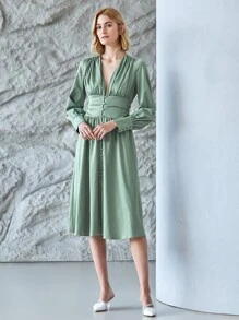 MOTF PREMIUM Vestido fluido fruncido de manga globo - verde menta - Ver 1