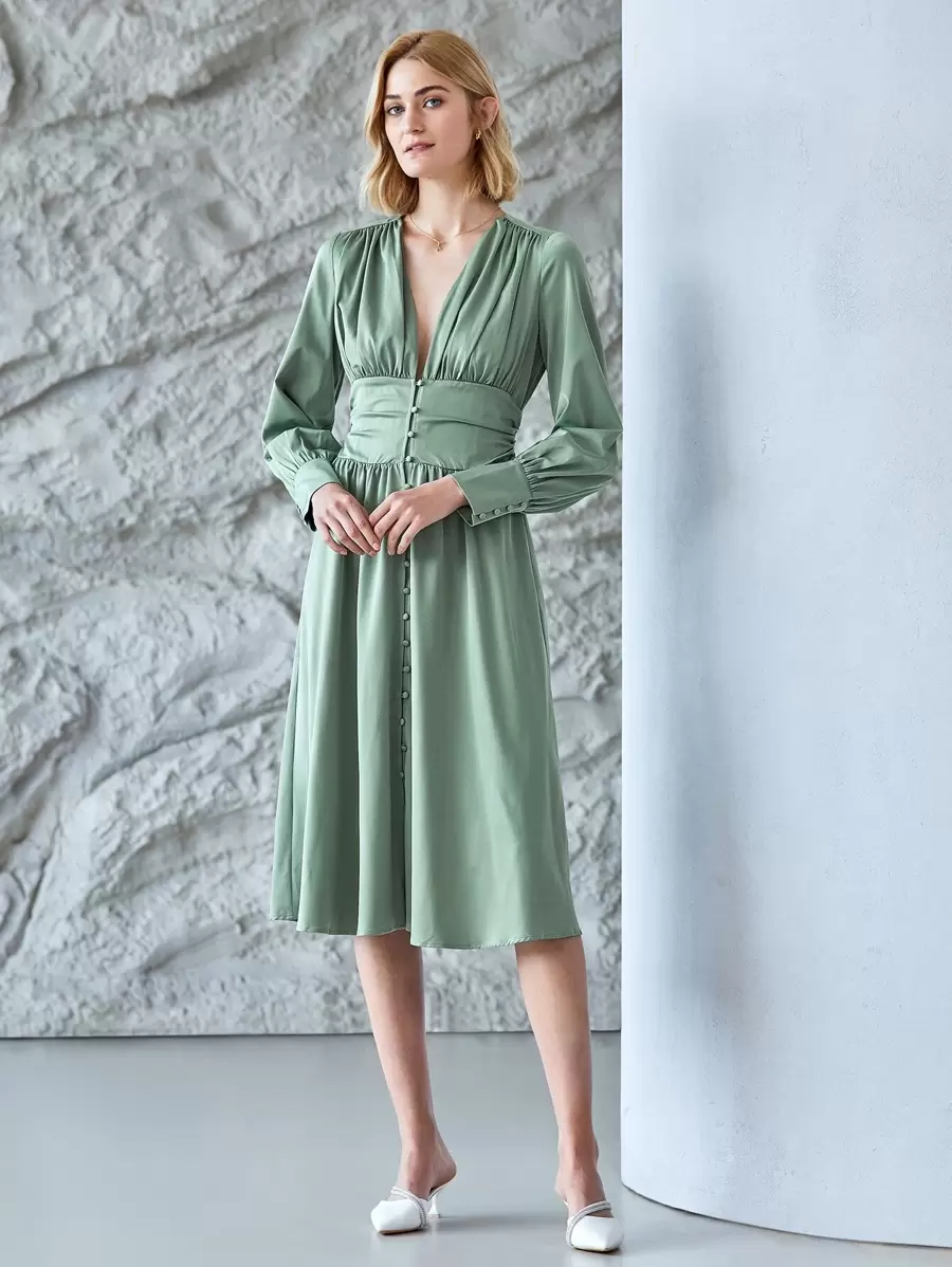 MOTF PREMIUM Vestido fluido fruncido de manga globo - verde menta - Ver 1