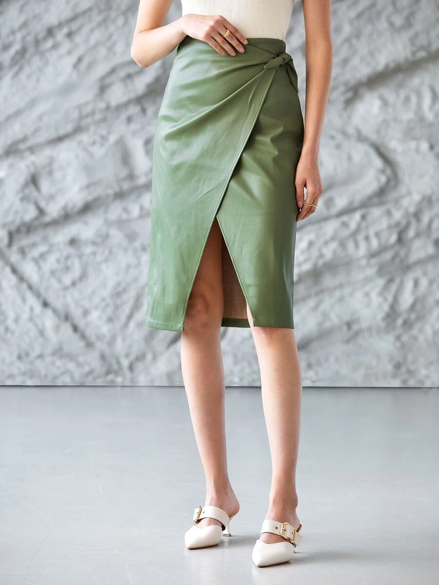 MOTF PREMIUM PU皮革中長裹身裙 - 綠色 - 查看 1