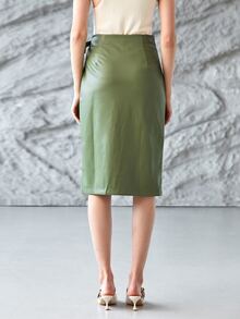 MOTF PREMIUM PU皮革中長裹身裙 - 綠色 - 查看 2