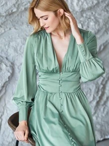 MOTF PREMIUM Vestido fluido fruncido de manga globo - verde menta - Ver 5