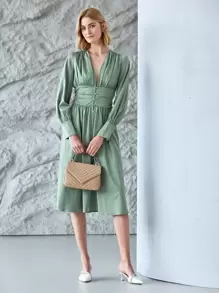 MOTF PREMIUM Vestido fluido fruncido de manga globo - verde menta - Ver 6