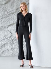 MOTF PREMIUM RIBBED TOP & FLARE TROUSERS SET - Black - View 1