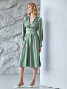 MOTF PREMIUM Vestido fluido fruncido de manga globo - verde menta - Ver 8