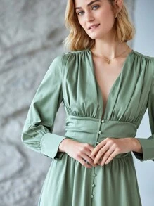 MOTF PREMIUM Vestido fluido fruncido de manga globo - verde menta - Ver 9