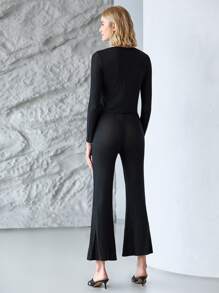 MOTF PREMIUM RIBBED TOP & FLARE TROUSERS SET - Black - View 2