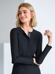 MOTF PREMIUM RIBBED TOP & FLARE TROUSERS SET - Black - View 4