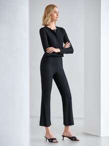 MOTF PREMIUM RIBBED TOP & FLARE TROUSERS SET - Black - View 6