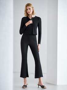 MOTF PREMIUM RIBBED TOP & FLARE TROUSERS SET - Black - View 9