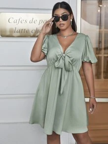 SHEIN LUNE Vestido con nudo delantero de manga farol
