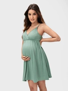 SHEIN Maternity Solid Flared Hem Slip Dress - Mint Green - View 4