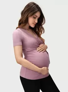 SHEIN Maternity Wrap Tie Front Top - Mauve Purple - View 1