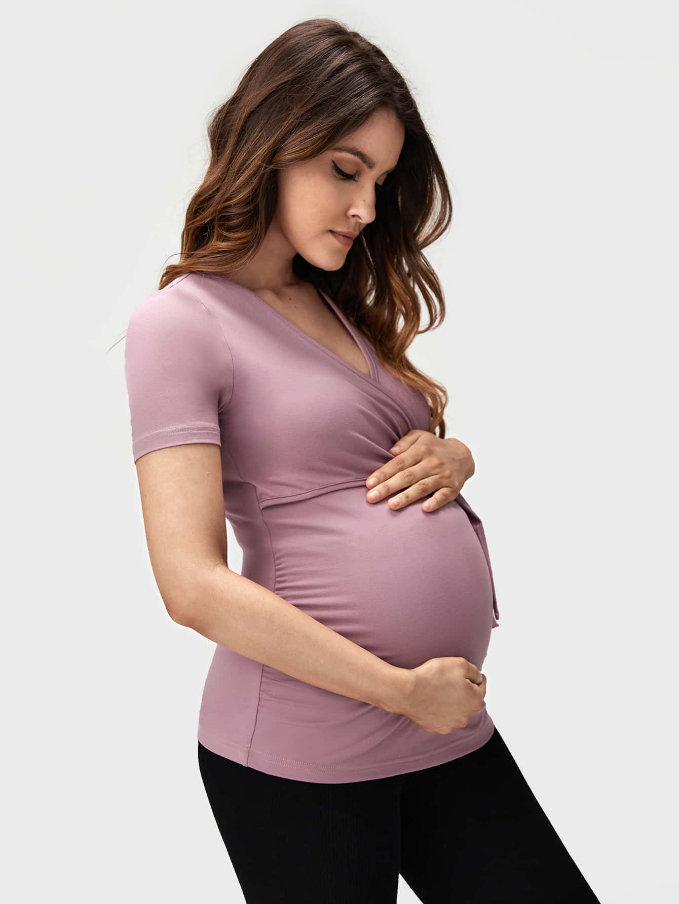 SHEIN Maternity Wrap Tie Front Top - Mauve Purple - View 1