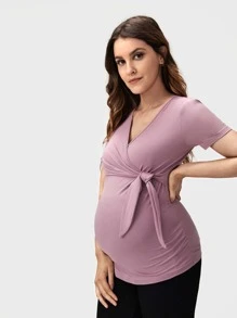 SHEIN Maternity Wrap Tie Front Top - Mauve Purple - View 3