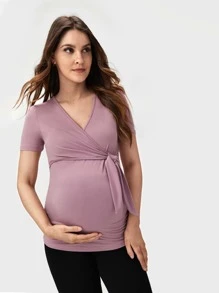 SHEIN Maternity Wrap Tie Front Top - Mauve Purple - View 4
