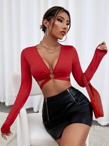 SHEIN BAE Ring Linked Tie Back Crop Top - Red - View 1