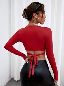 SHEIN BAE Ring Linked Tie Back Crop Top - Red - View 2