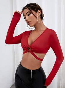 SHEIN BAE Ring Linked Tie Back Crop Top - Red - View 5