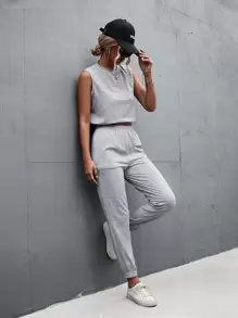 Solid Tank Top & Joggers - Light Grey - View 1