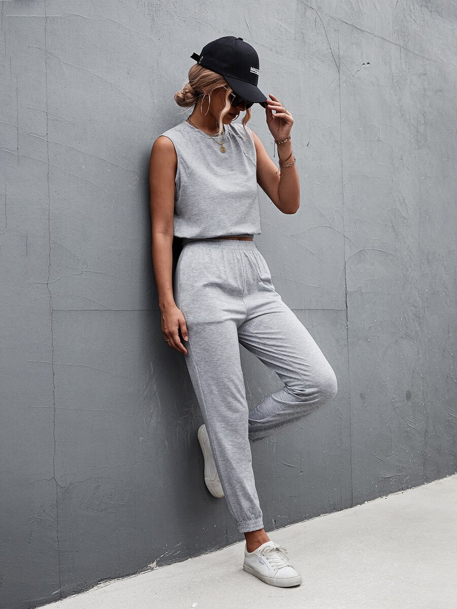 Solid Tank Top & Joggers - Light Grey - View 1