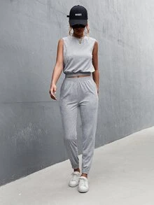 Solid Tank Top & Joggers - Light Grey - View 3