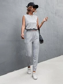 Solid Tank Top & Joggers - Light Grey - View 4