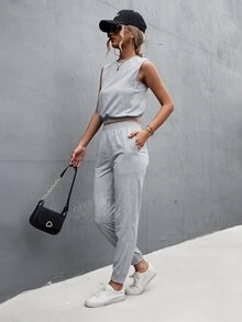 Solid Tank Top & Joggers - Light Grey - View 5